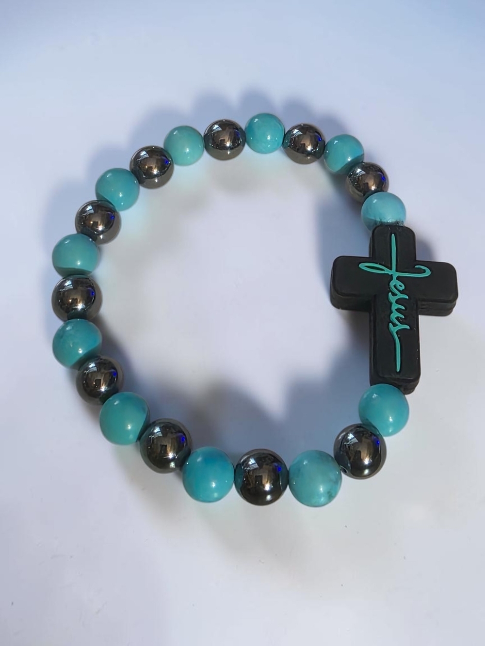 Turquoise & Hematite Beaded Bracelet with Cross